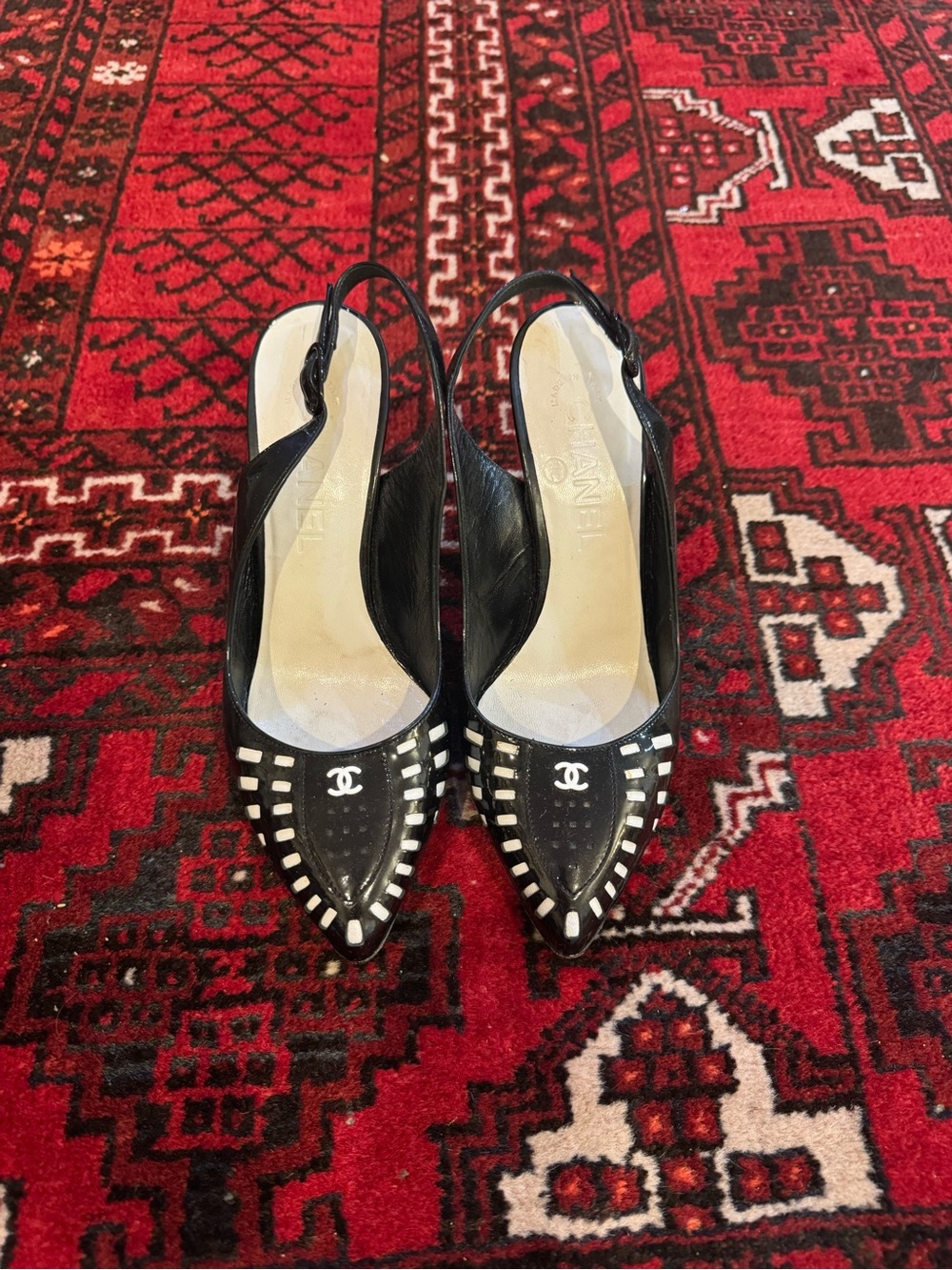 CHANEL Black & White Logo Slingback Heels 36.5 - Picture 5 of 7